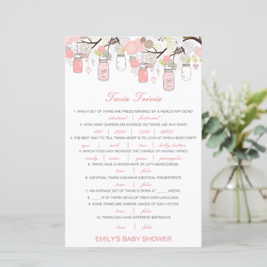 Editable Baby Twin Trivia Baby shower met antwoord (Staand voorkant)