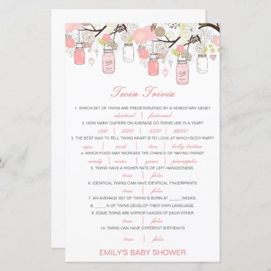 Editable Baby Twin Trivia Baby shower met antwoord (Voorkant / Achterkant)