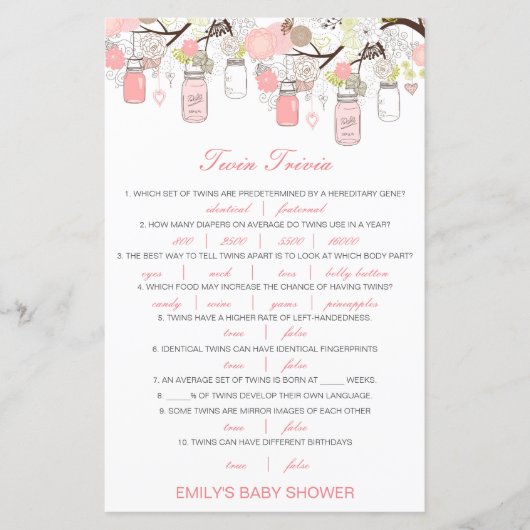 Editable Baby Twin Trivia Baby shower met antwoord (Voorkant)