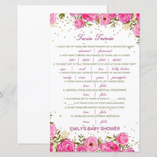 Editable Baby Twin Trivia Baby shower met antwoord (Voorkant / Achterkant)