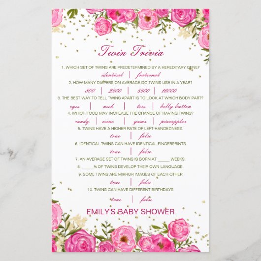 Editable Baby Twin Trivia Baby shower met antwoord (Voorkant)
