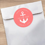 Editable Background Color Anchor Wedding Dankuwel Ronde Sticker<br><div class="desc">Deze nautische bruiloft dank u sticker heeft een anker in wit tegen een bewerkbare achtergrondkleur; om het te veranderen van koraal naar de kleur van uw keuze, klik op de knop aanpassen. Bekijk hier bijpassende huwelijksartikelen https://www.zazzle.com/collections/editable_color_nautical_anchor_wedding_2-119876283767110974?rf=238364477188679314&tc=rc . Personaliseer het door de plaatsaanduidingstekst te vervangen. Voor meer opties zoals om het...</div>
