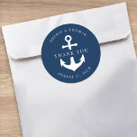 Editable Background Color Anchor Wedding Dankuwel Ronde Sticker<br><div class="desc">Deze nautische dank u bruiloft sticker heeft een anker in wit tegen een bewerkbare achtergrondkleur; om het te veranderen van blauw naar de kleur van uw keuze, klik op de knop aanpassen. Bekijk hier bijpassende huwelijksartikelen https://www.zazzle.com/collections/editable_color_nautical_anchor_wedding-119983845388789301?rf=238364477188679314&tc=rc . Personaliseer het door de plaatsaanduidingstekst te vervangen. Voor meer opties zoals om het...</div>