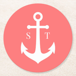 Editable Background Color Monogram Anchor Wedding Ronde Kartonnen Onderzetter