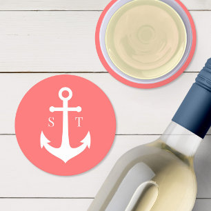 Editable Background Color Monogram Anchor Wedding Ronde Kartonnen Onderzetter