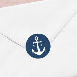 Editable Background Color Monogram Anchor Wedding Ronde Sticker<br><div class="desc">Deze nautische monogram trouwsticker is voorzien van een anker in wit tegen een bewerkbare achtergrondkleur; als u deze van blauw naar de kleur van uw keuze wilt wijzigen, klikt u op de knop Aanpassen. Bekijk hier de overeenkomende trouwobjecten https://www.zazzle.com/collections/editable_color_nautical_anchor_wedding-119983845388789301?rf=238364477188679314&tc=rc. Pas het aan door de placeholder tekst te vervangen. Voor meer...</div>