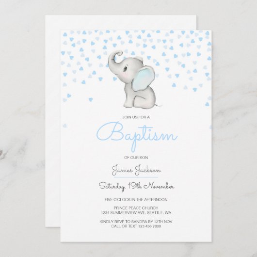 Editable Baptism Invitation, Elephant Kaart (Voorkant / Achterkant)