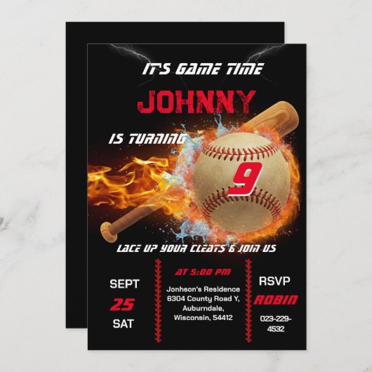 Editable Baseball Birthday Invitation Kaart (Voorkant / Achterkant)