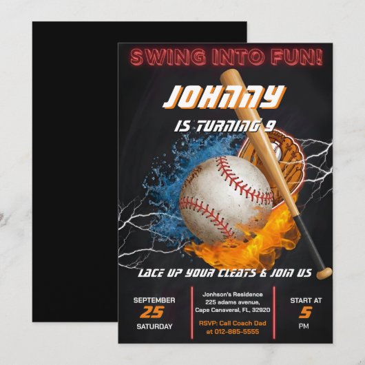Editable Baseball Birthday Invitation Template Kaart (Voorkant / Achterkant)