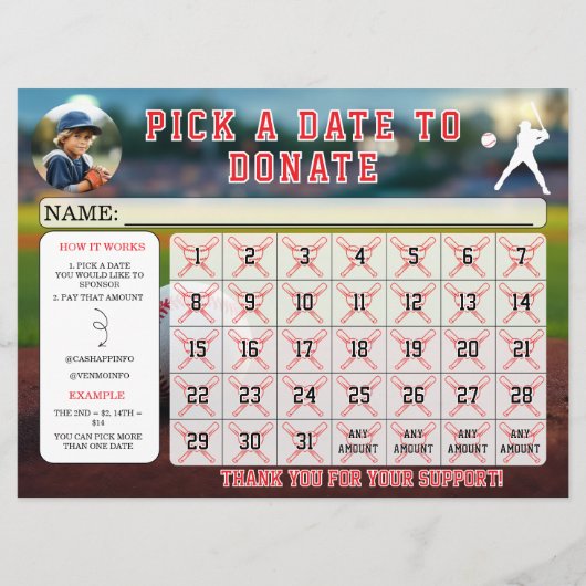 Editable Baseball Fundraiser Calendar  Kaart (Voorkant)