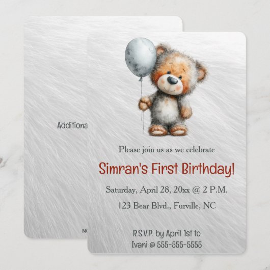 Editable Bear and a Balloon Birthday Kaart (Voorkant / Achterkant)