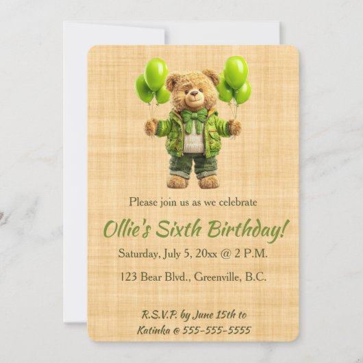 Editable Bear With Green Balloons Birthday Kaart (Voorkant)