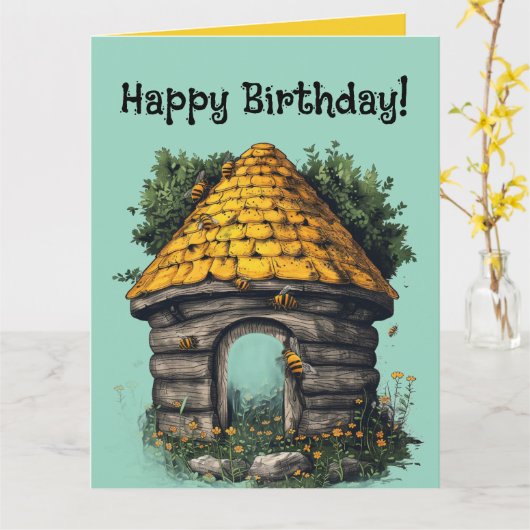 Editable Bees and a Beehive Greeting Kaart (Gele Bloem)