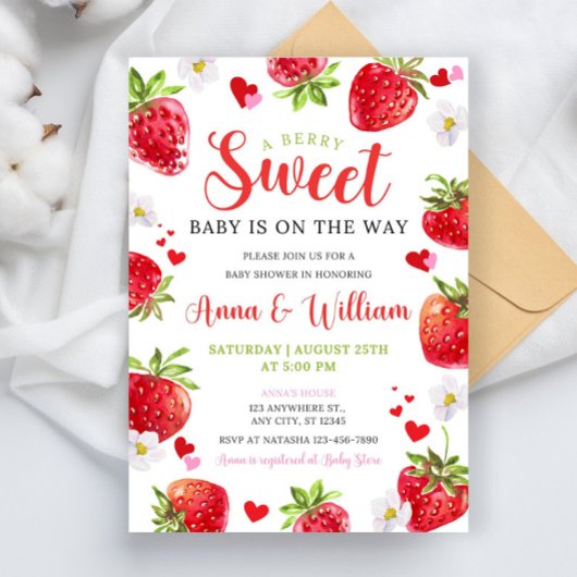 Editable Berry Sweet Baby Shower Invitation, Blush Kaart