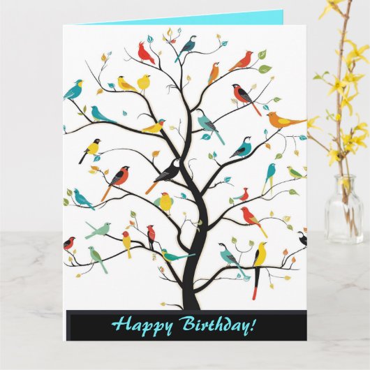 Editable Birds in a Tree Greeting Kaart (Gele Bloem)