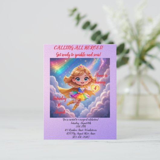 Editable Birthday Invitation – Superheroine Theme Briefkaart (Staand voorkant)