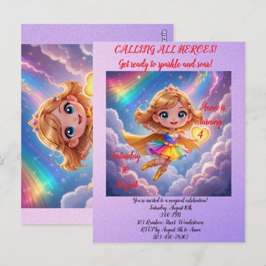 Editable Birthday Invitation – Superheroine Theme Briefkaart (Voorkant / Achterkant)