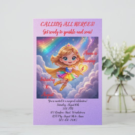 Editable Birthday Invitation – Superheroine Theme Briefpapier (Staand voorkant)