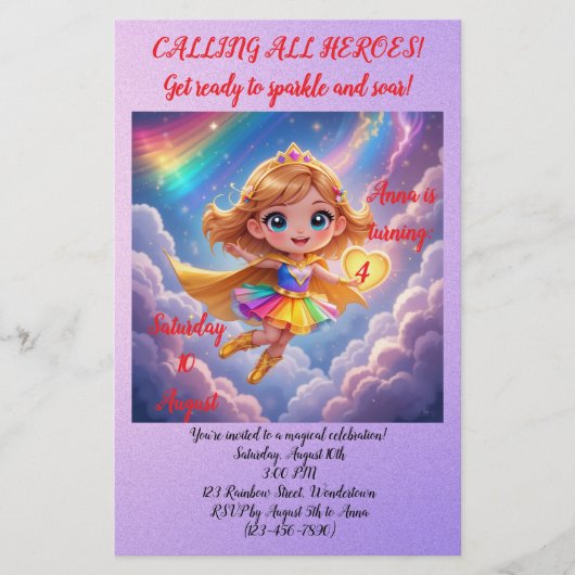 Editable Birthday Invitation – Superheroine Theme Briefpapier (Voorkant)