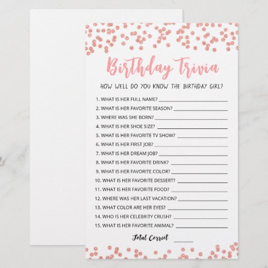 Editable Birthday trivia Birthday party game (Voorkant / Achterkant)