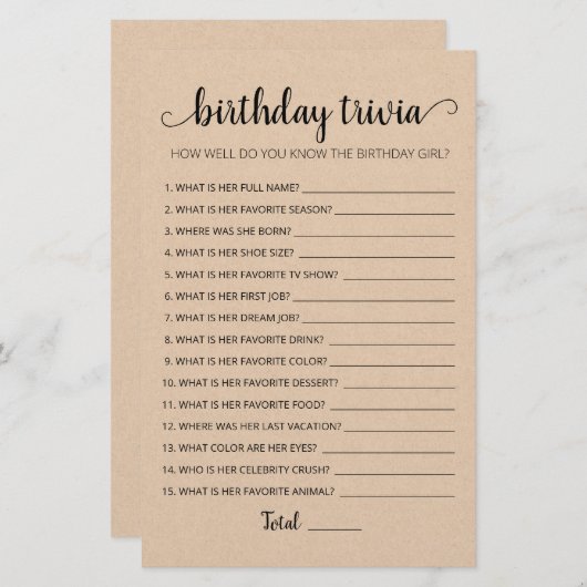 Editable Birthday trivia Birthday party game (Voorkant / Achterkant)