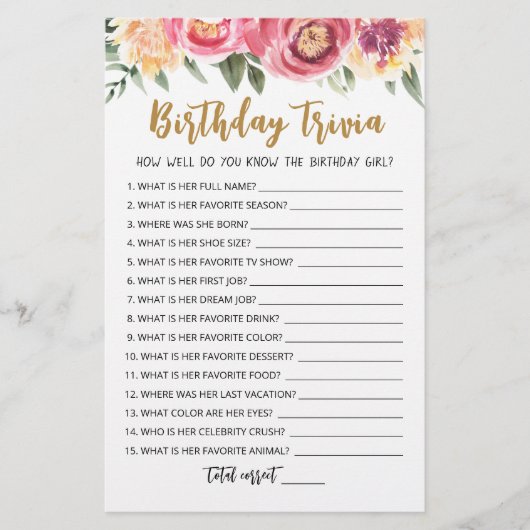 Editable Birthday trivia Birthday party game (Voorkant)