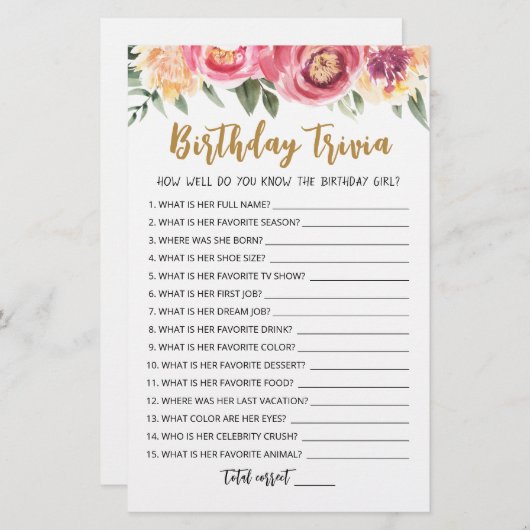 Editable Birthday trivia Birthday party game (Voorkant / Achterkant)