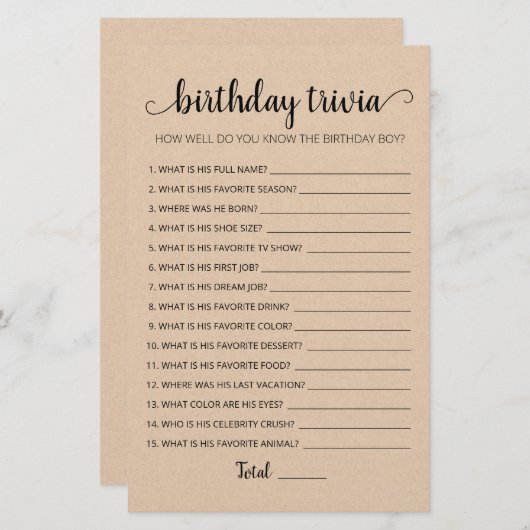 Editable Birthday trivia Birthday party game (Voorkant / Achterkant)