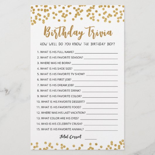 Editable Birthday trivia Birthday party game (Voorkant)