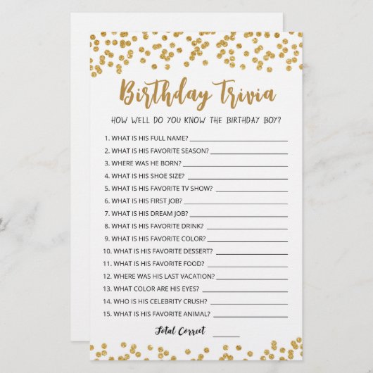 Editable Birthday trivia Birthday party game (Voorkant / Achterkant)