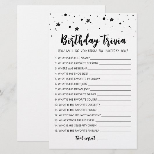 Editable Birthday trivia Birthday party game (Voorkant / Achterkant)