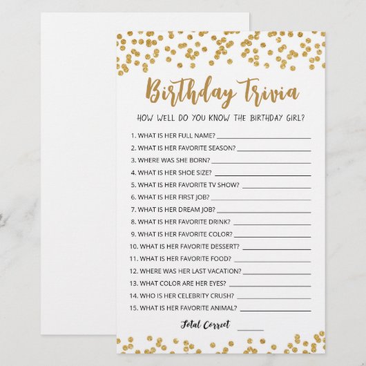 Editable Birthday trivia Birthday party game (Voorkant / Achterkant)