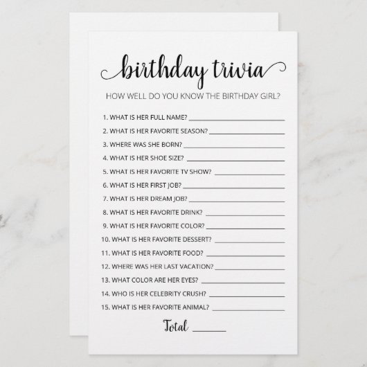 Editable Birthday trivia Birthday party game (Voorkant / Achterkant)
