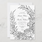 Editable Black Flower White Wreath Wedding Kaart (Voorkant)