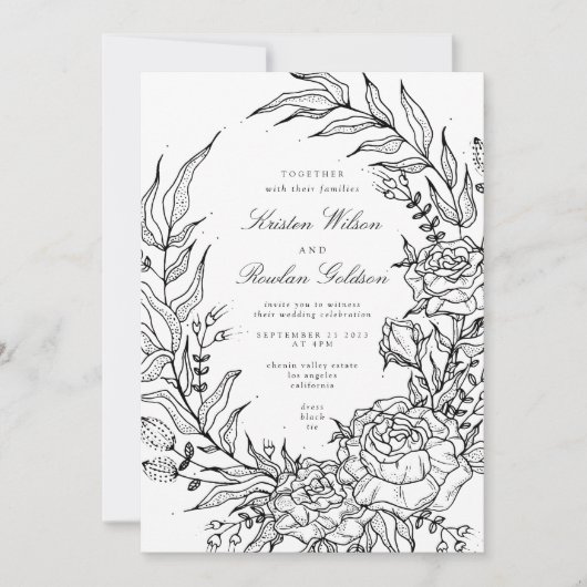 Editable Black Flower White Wreath Wedding Kaart (Voorkant)