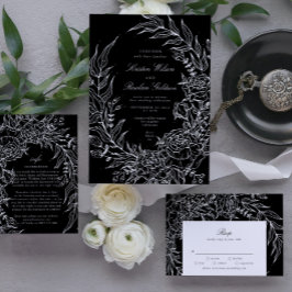 Editable Black Flower White Wreath Wedding Kaart