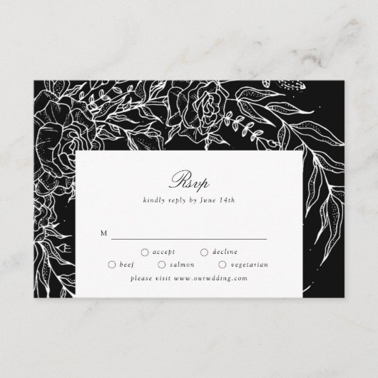 Editable Black Flower White Wreath Wedding RSVP Kaartje (Voorkant)