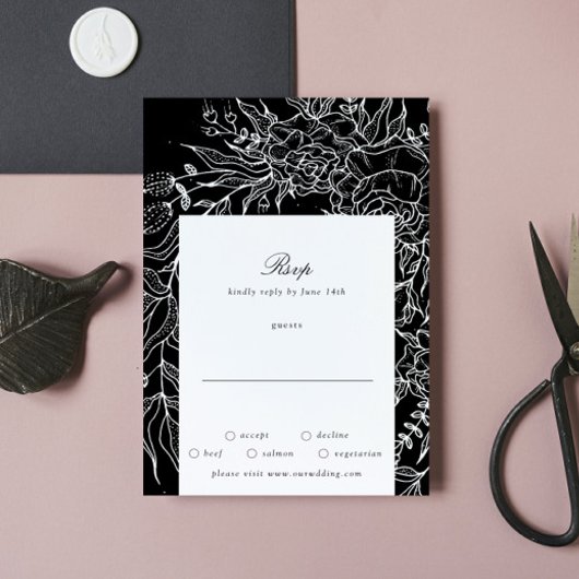 Editable Black Flower White Wreath Wedding RSVP Kaartje