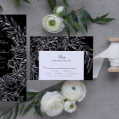Editable Black Flower White Wreath Wedding RSVP Kaartje