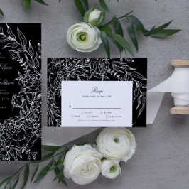 Editable Black Flower White Wreath Wedding RSVP Kaartje
