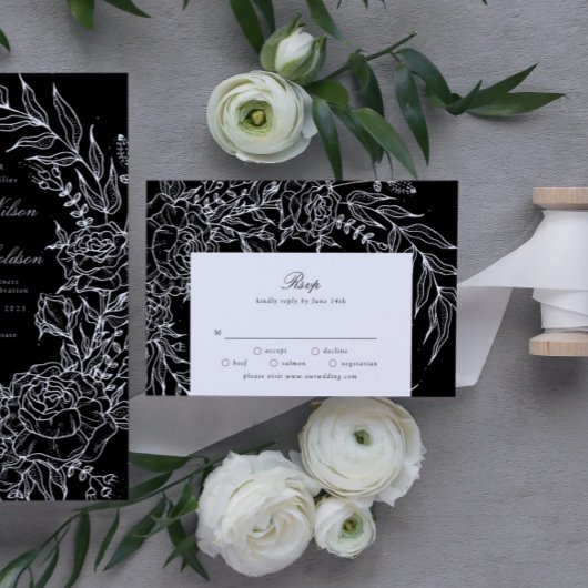 Editable Black Flower White Wreath Wedding RSVP Kaartje