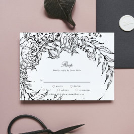 Editable Black Flower White Wreath Wedding RSVP Kaartje