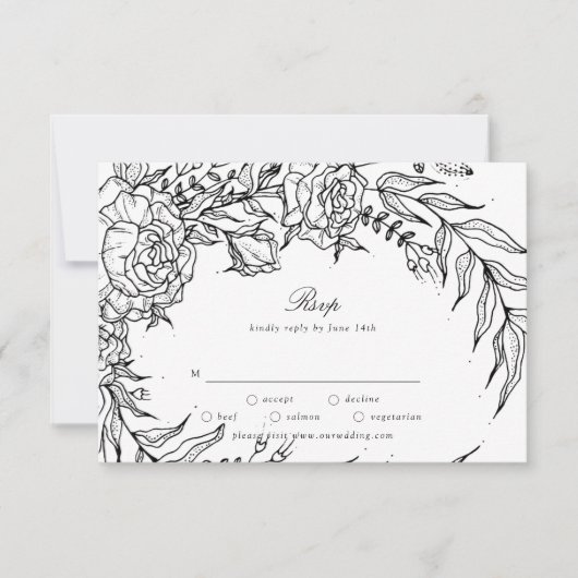 Editable Black Flower White Wreath Wedding RSVP Kaartje (Voorkant)