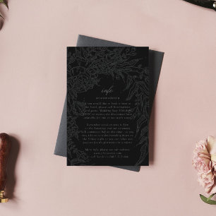 Editable Black op Black Floral Wreath Wedding Informatiekaartje