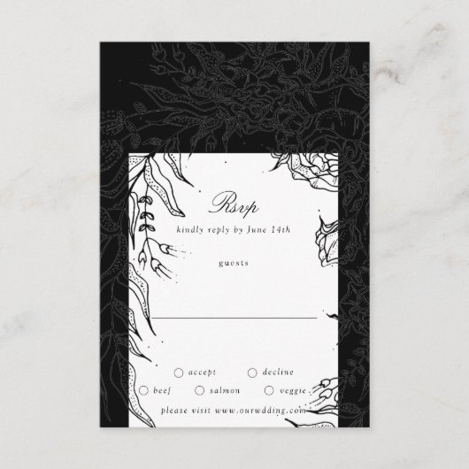 Editable Black op Black Flower Wreath Wedding RSVP Kaartje (Voorkant)