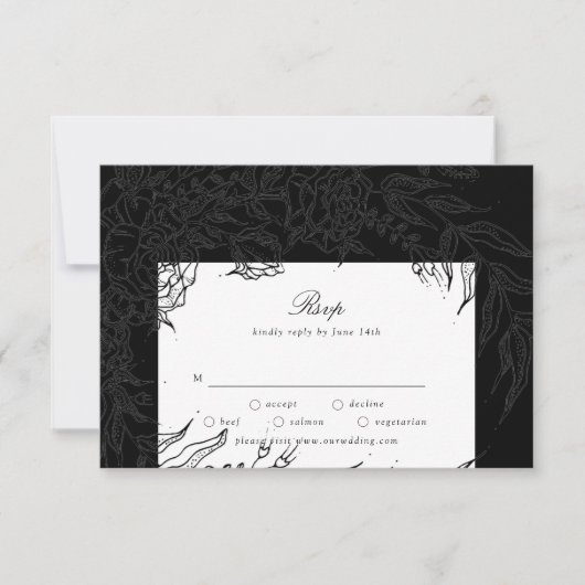 Editable Black op Black Flower Wreath Wedding RSVP Kaartje (Voorkant)