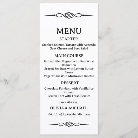 Editable Black & White Celtic Knot Arrow Wedding Menu (Voorkant)