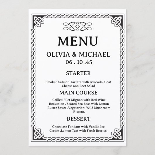 Editable Black & White Irish Celtic Knot Wedding  Menu (Voorkant)