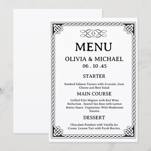Editable Black & White Irish Celtic Knot Wedding  Menu (Voorkant / Achterkant)