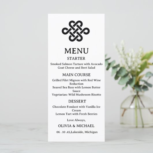 Editable Black & White Trinity Celtic Knot Wedding Menu (Staand voorkant)